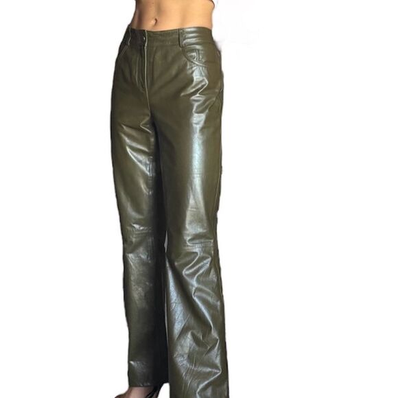 Theory Leather Green Pants Straight Leg Size 6 - Picture 3 of 10
